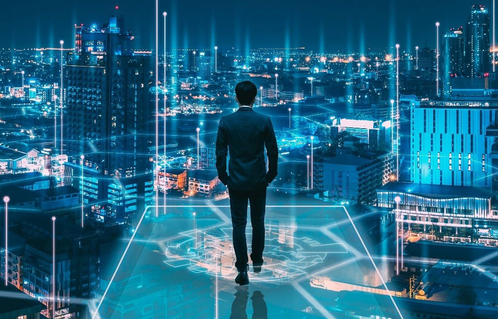 Advanced tech concept with man in suit tablet