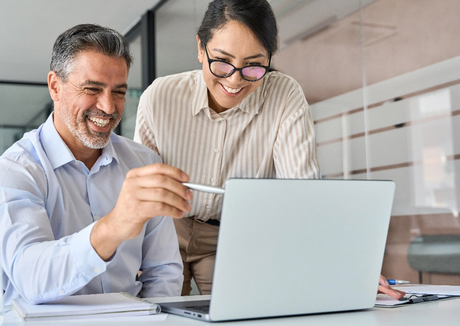 Business professionals looking at laptop
