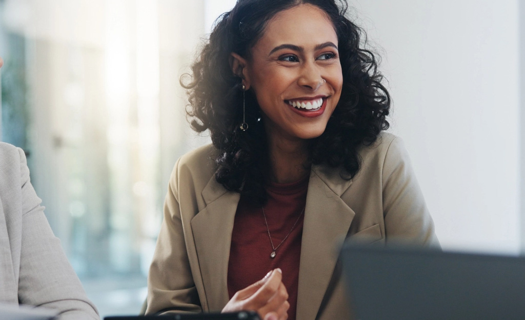 Business woman smiling tablet