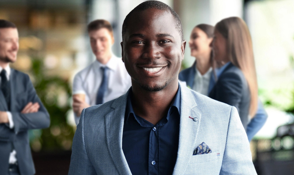 Professional man in suit tablet